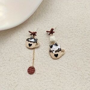Wicked Silk Cute Coffee Kitty Cat Teacup Earrings